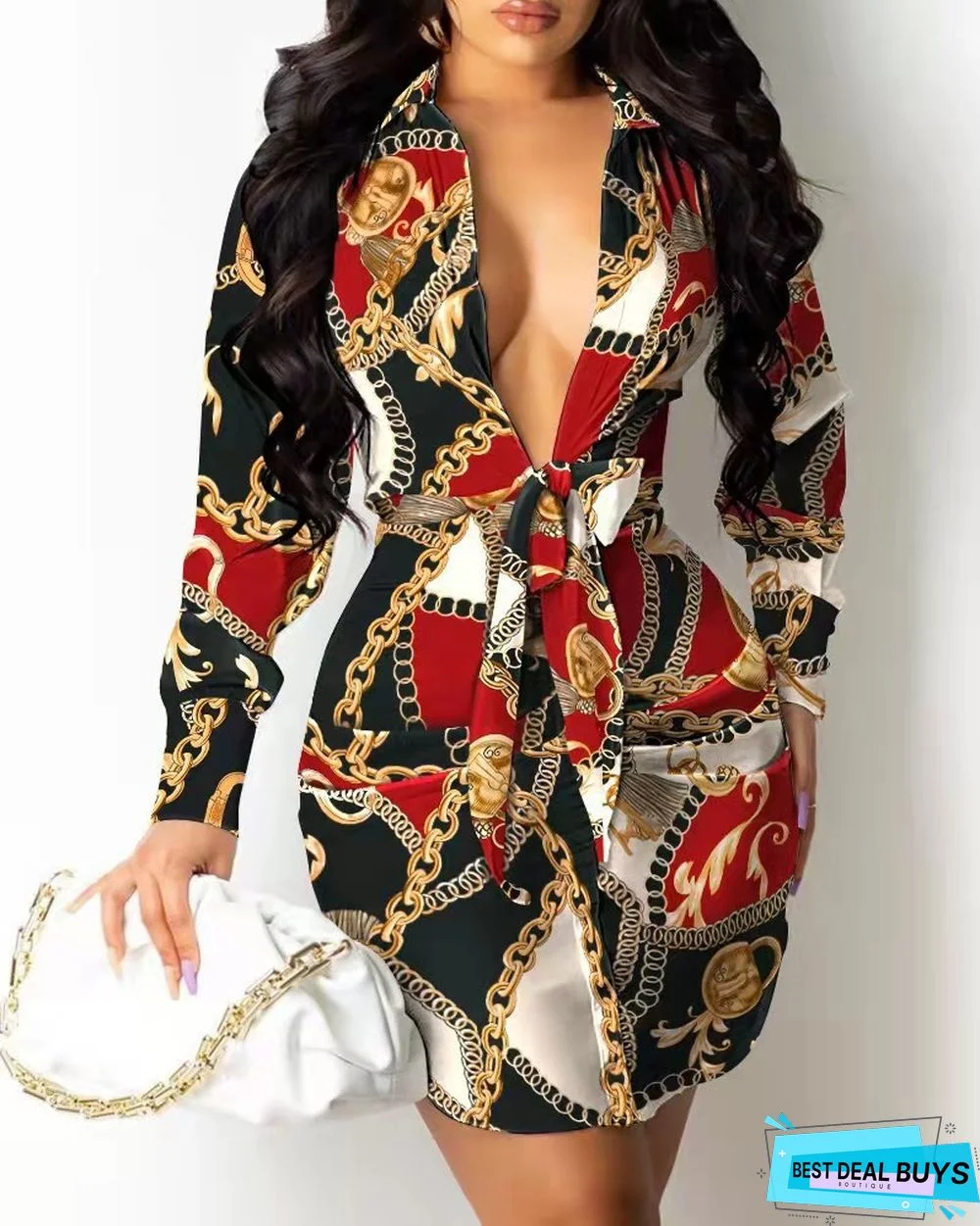 V-Neck Printed Strap Shirt Dress Women