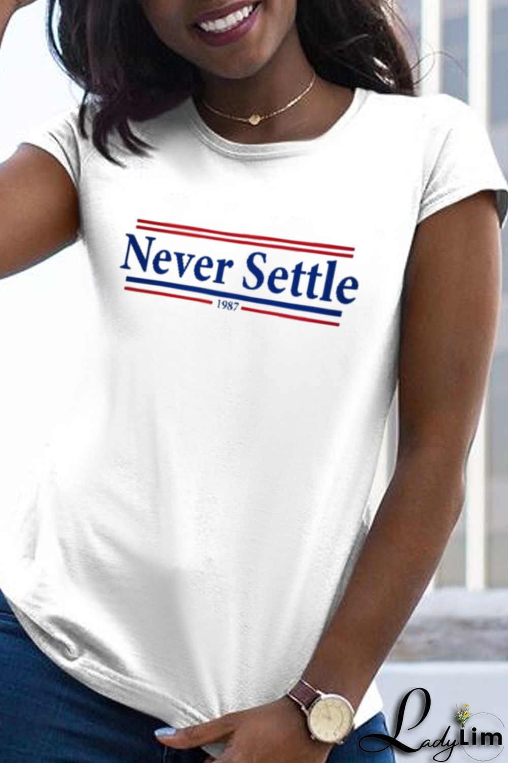 White Fashion Casual Print Split Joint Letter O Neck T-Shirts