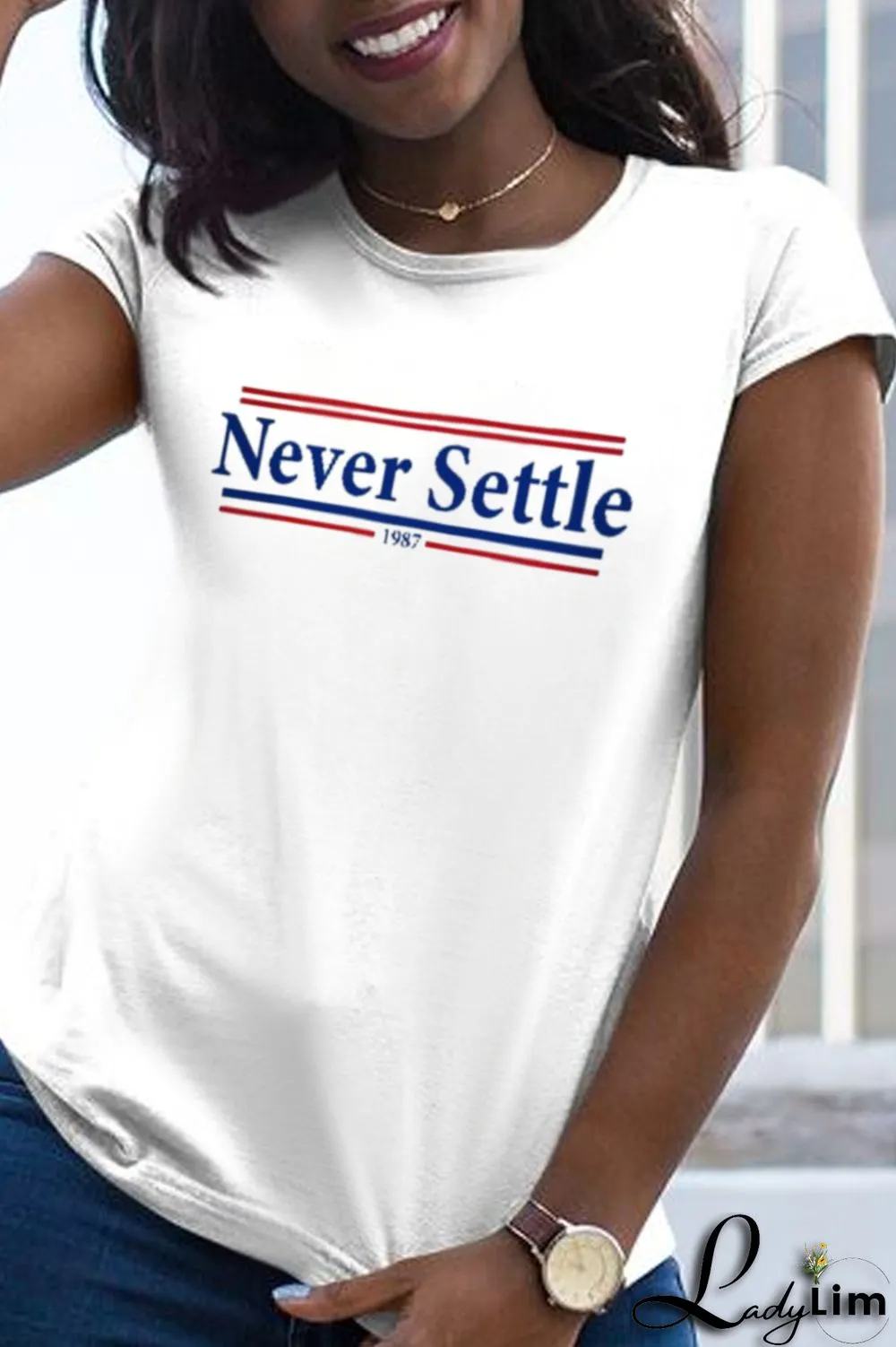 White Fashion Casual Print Split Joint Letter O Neck T-Shirts