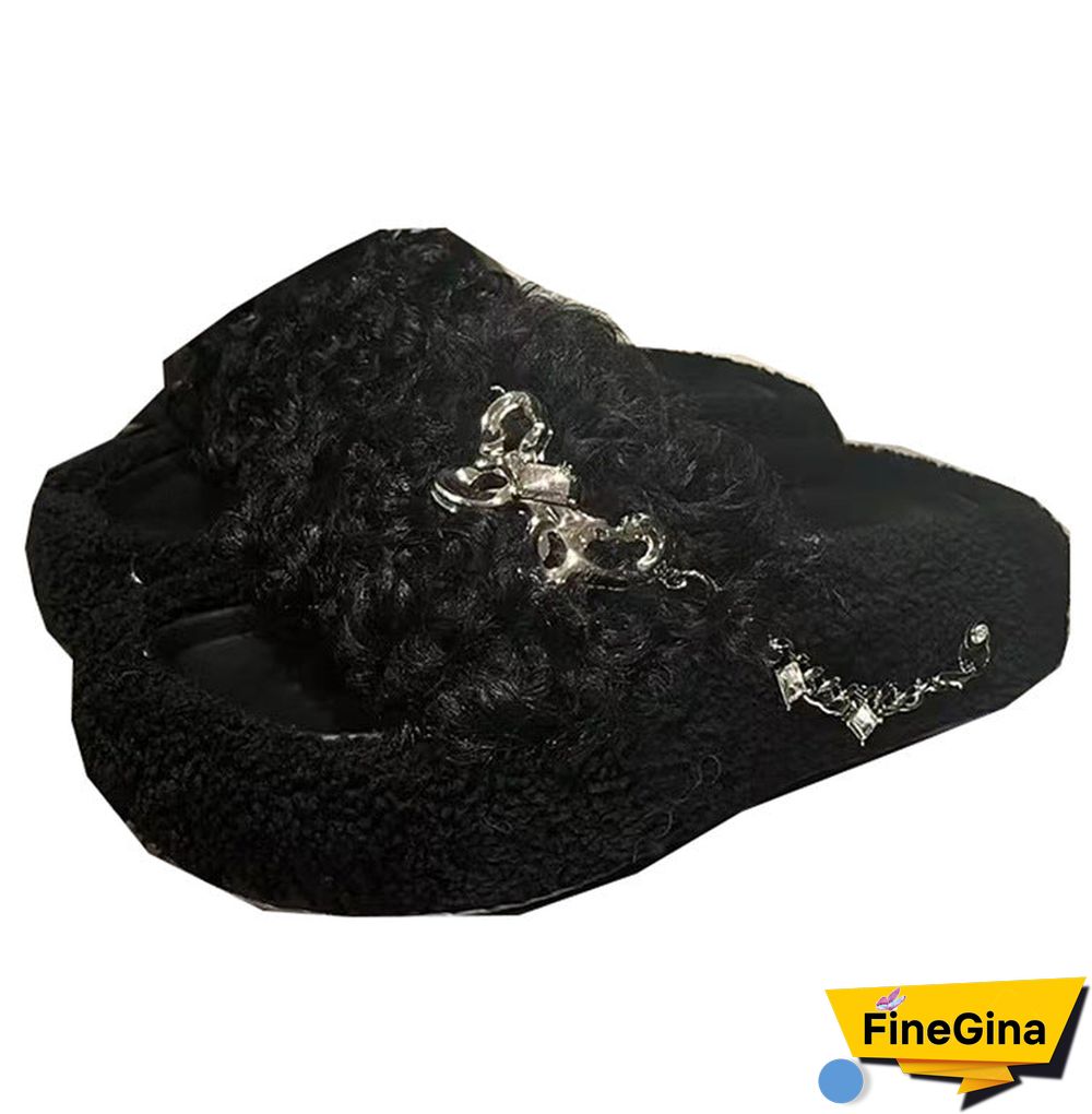 Women's Casual Solid Color Butterfly Open Toe Flat Sole Plush Slippers