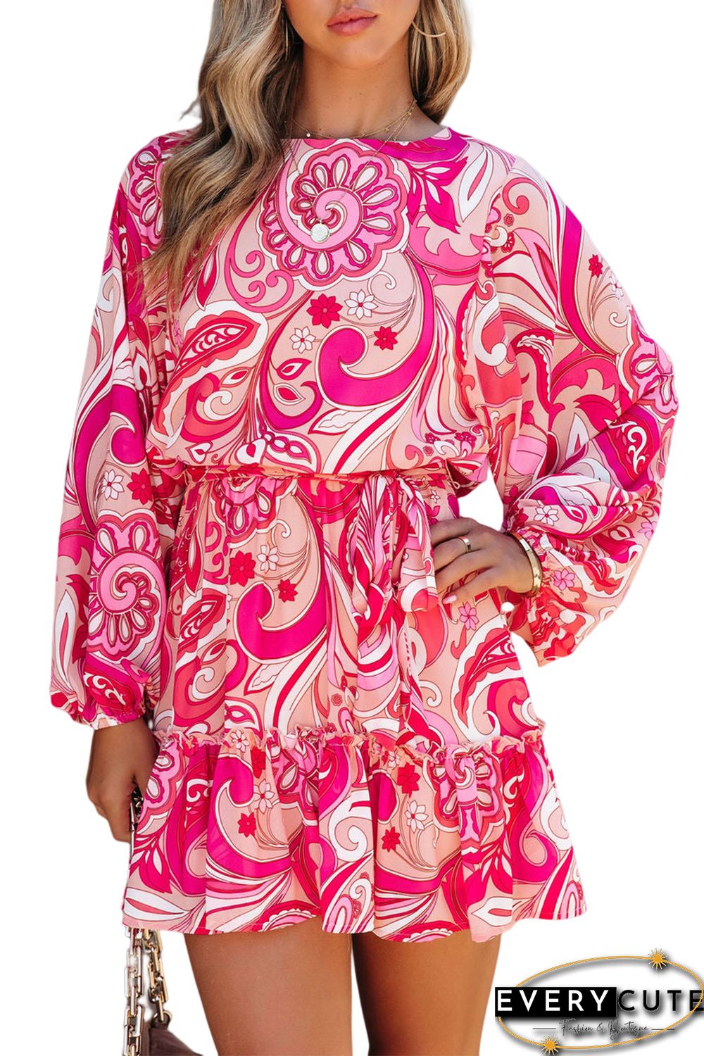 Paisley Printed Button Keyhole Back Belted Mini Dress
