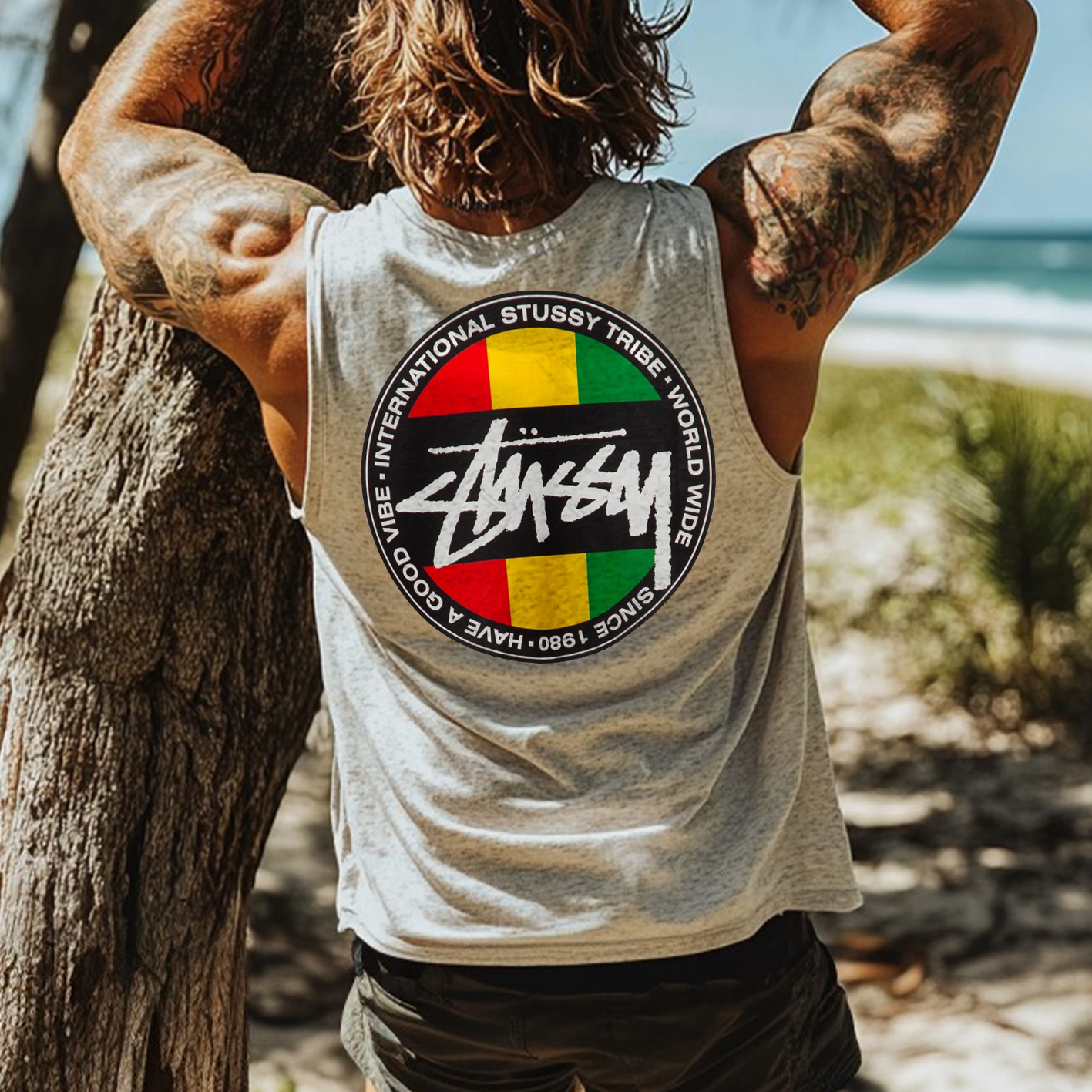 Men's Vintage Surfing Oversized Street Style Skull Print Light Flower Gray Tank Top / TECHWEAR CLUB / Techwear
