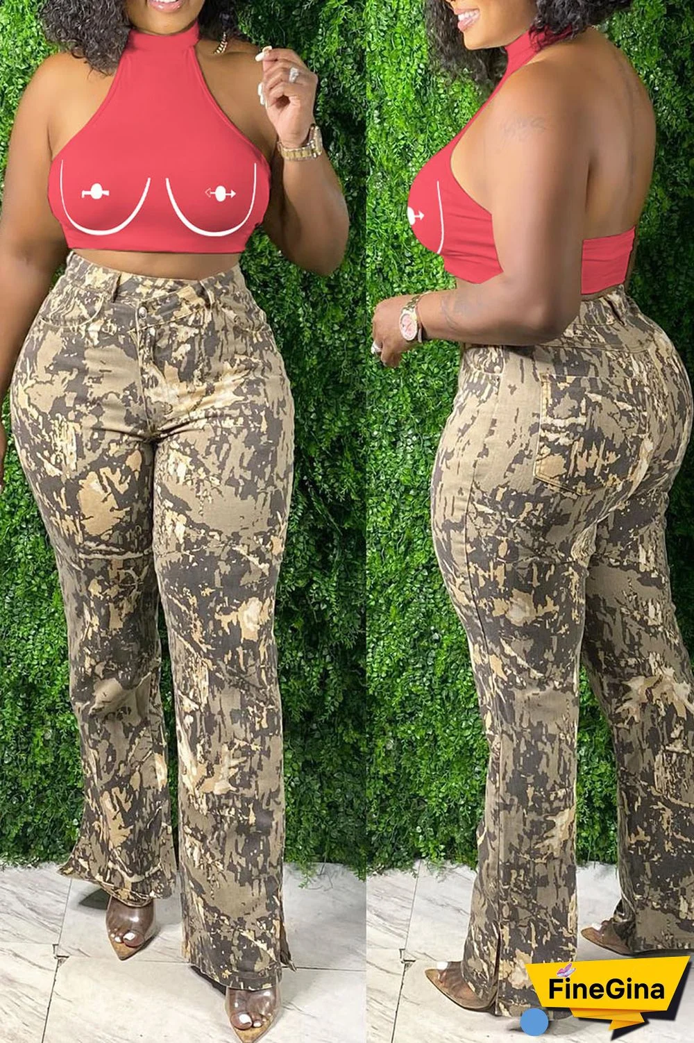 Brick Red Sexy Print Patchwork O Neck Tops