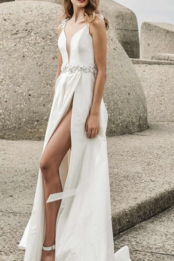 White Deep V Thigh High Prom Dress - Chicaggo