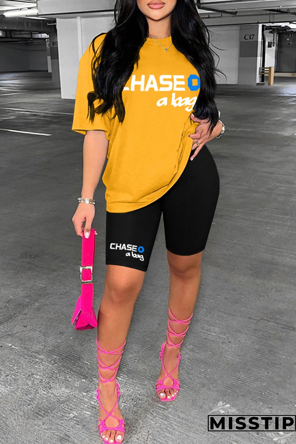 Ginger Casual Letter Print Basic O Neck Short Sleeve Two Pieces