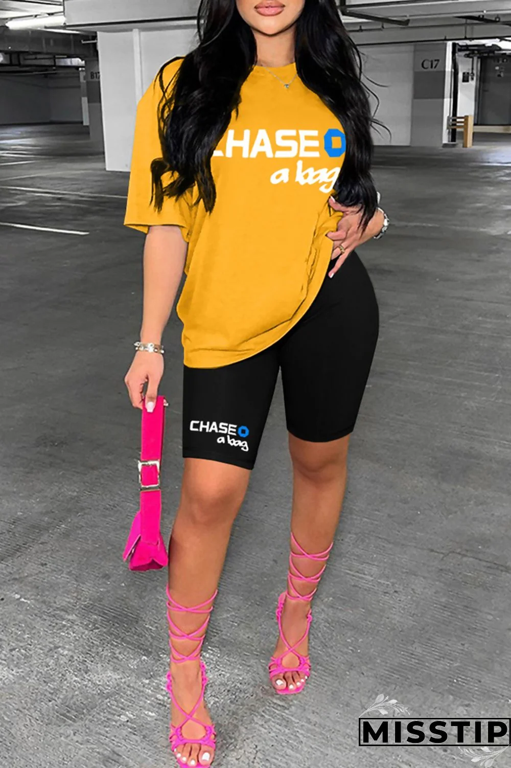 Ginger Casual Letter Print Basic O Neck Short Sleeve Two Pieces