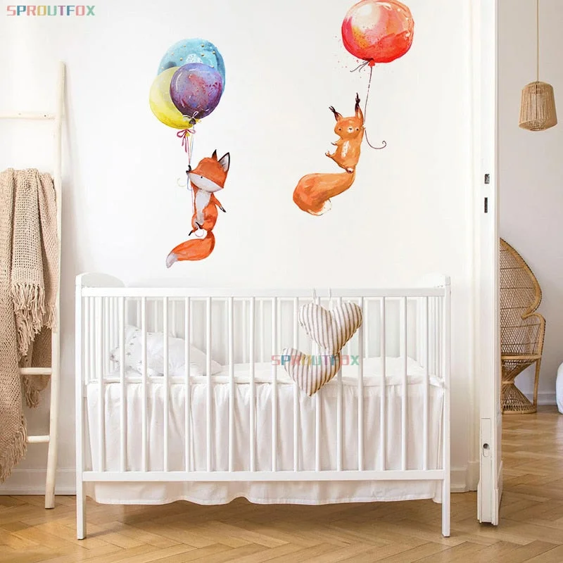 Clever Animal Fox Squirrel with Colorful Ballon Bedroom Wall Stickers for Wall Decoration Kid Rooms Door Stickers Waterproof