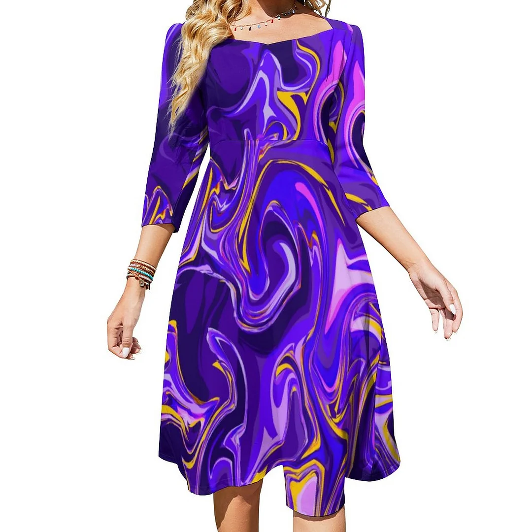 Purple Marble Design Pattern Dress Sweetheart Tie Back Flared 3/4 Sleeve Midi Dresses