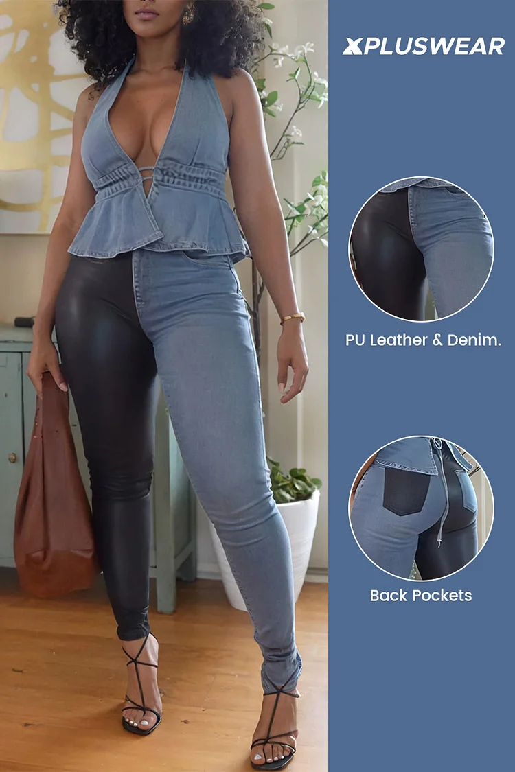 Plus Size Daily PU Leather Light Blue Pocket Casual Contrast Denim Jeans [Pre-Order]