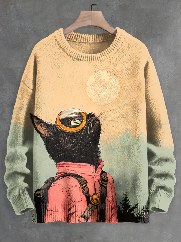 Men's Black Cat Astronaut Psychedelic Contrast Color Oil Painting Art Print Knit Sweatshirt