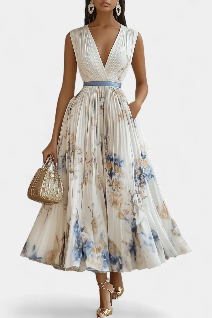 Pleated V-Neck Midi Dress with Watercolor Print and Contrasting Belt