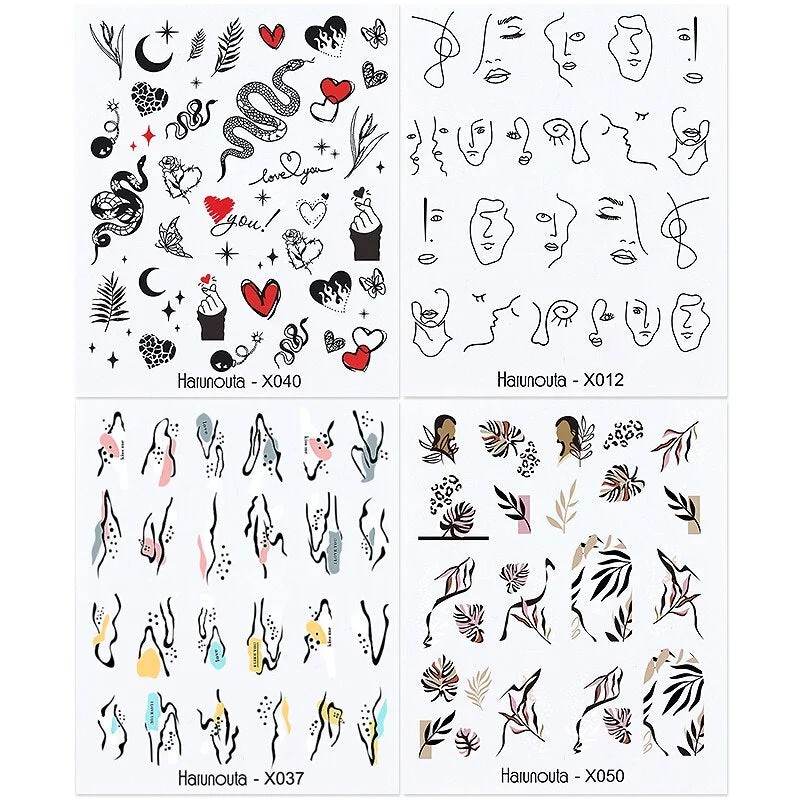 Harunouta 4pcs Geometry Color Wave Line Water Decals Stickers Flower Leaves Slider For Nails Spring Summer Nail Art Decorations-Nail Inspo