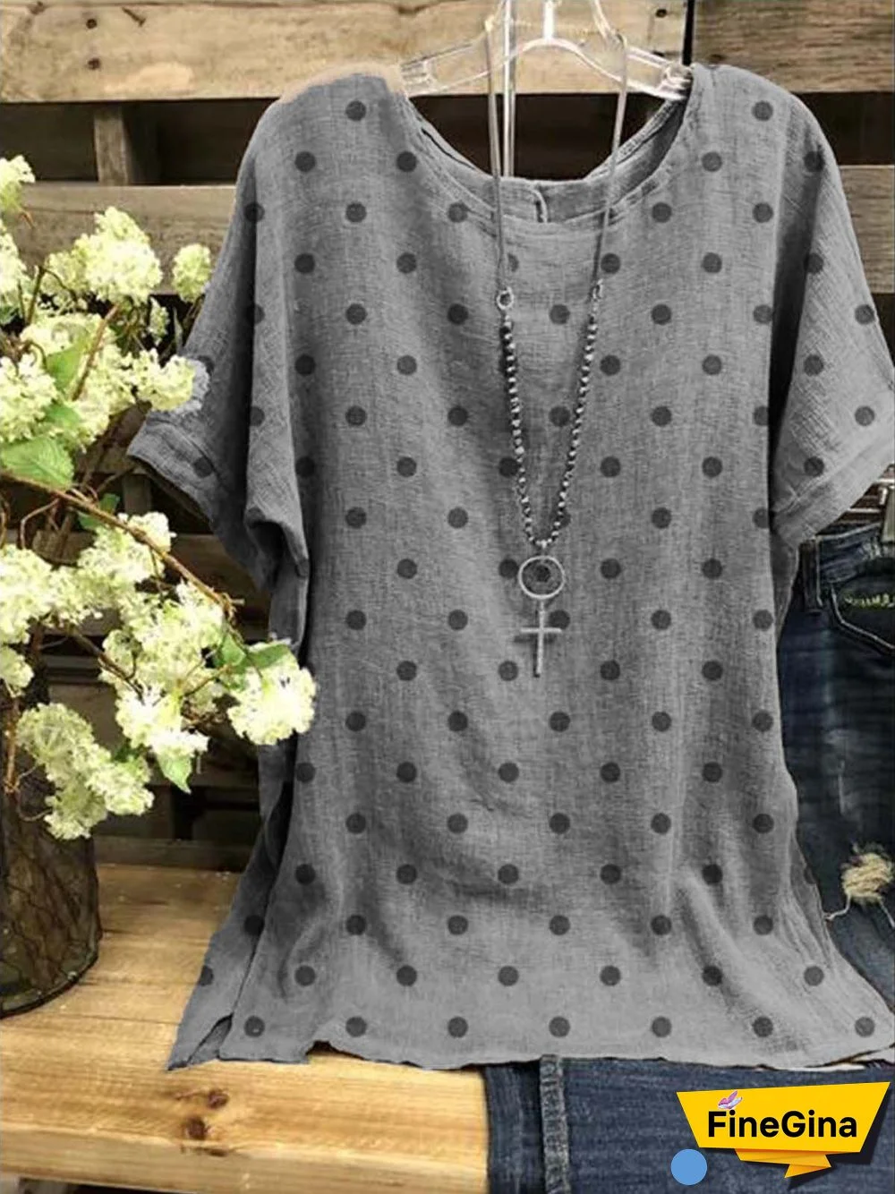 Cotton-Blend Casual Short Sleeve Polka Dots Tops