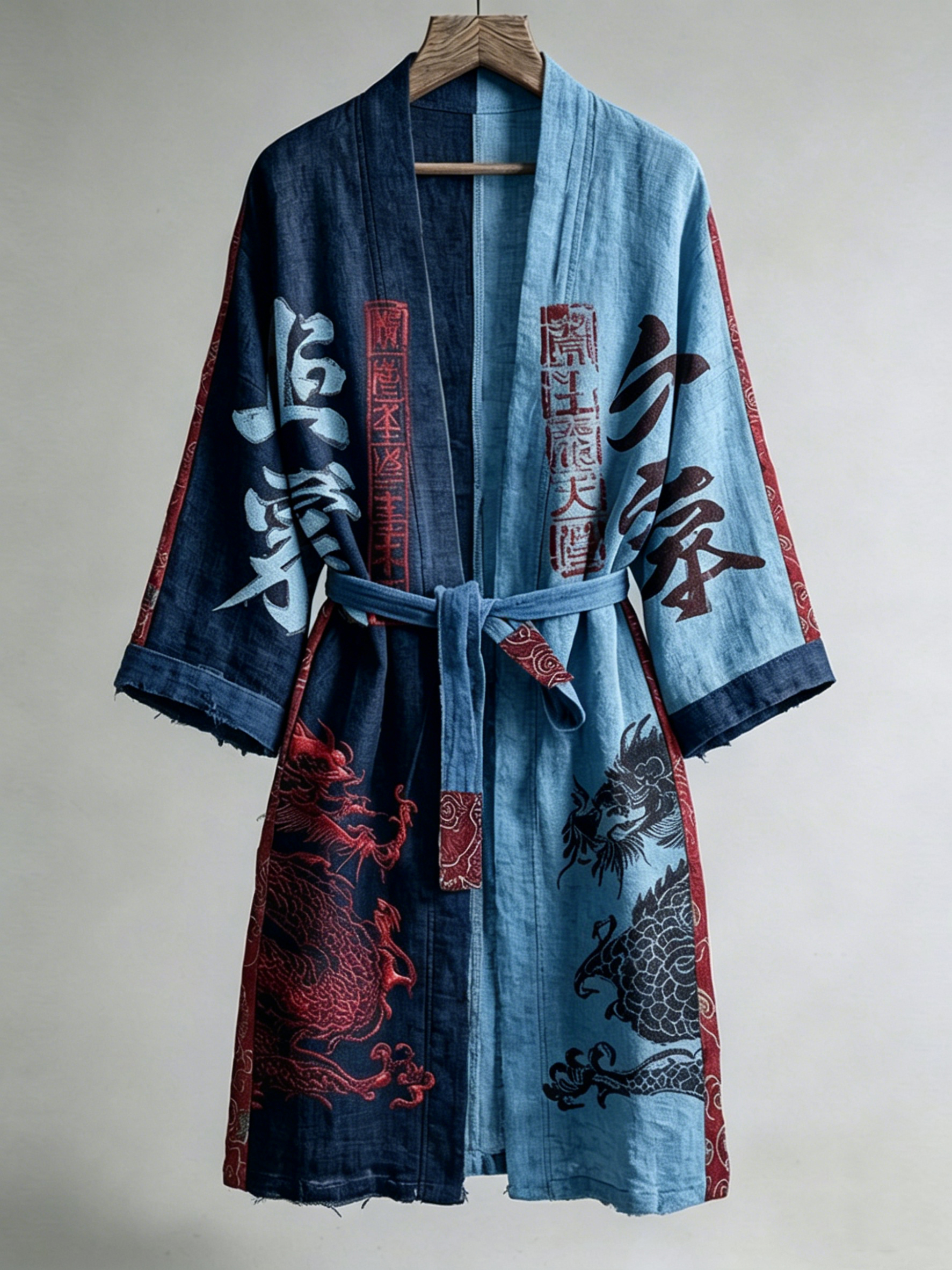 Japanese Calligraphy And Dragon Art Combined In A Linen Blend Kimono elevenforest