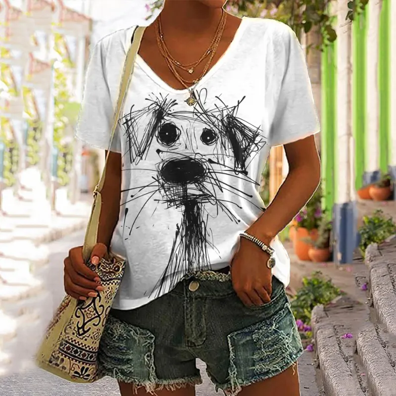 Funny Puppy Sketch Art Print V Neck T-Shirt