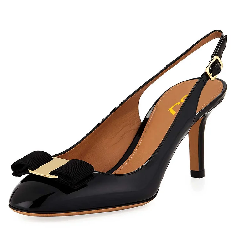 Black Patent Leather Bow Heels Slingback Pumps |FSJ Shoes
