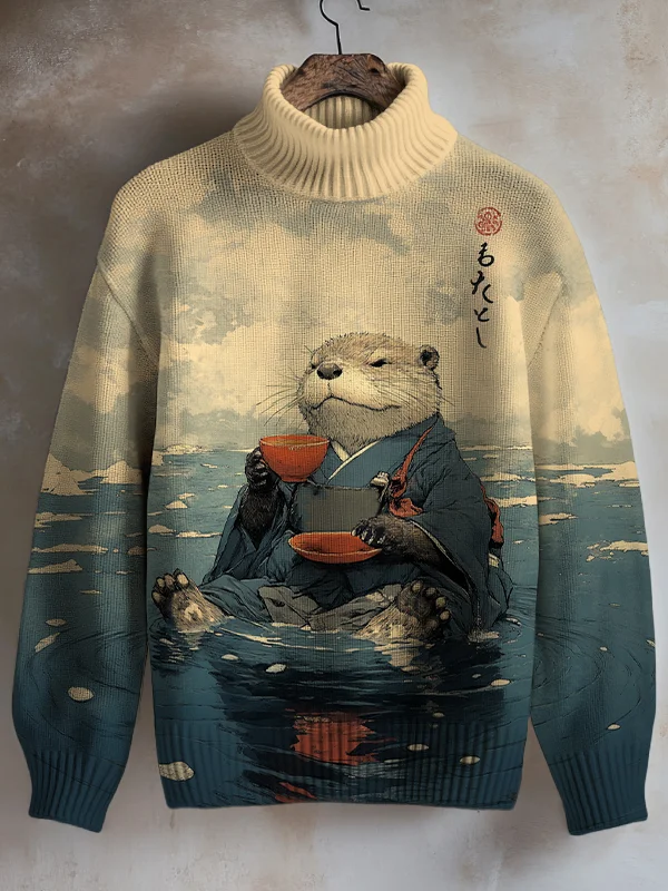 Men's River Kimono Otter Tasting Tea Japanese Art Print High Neck Knit Sweatshirt