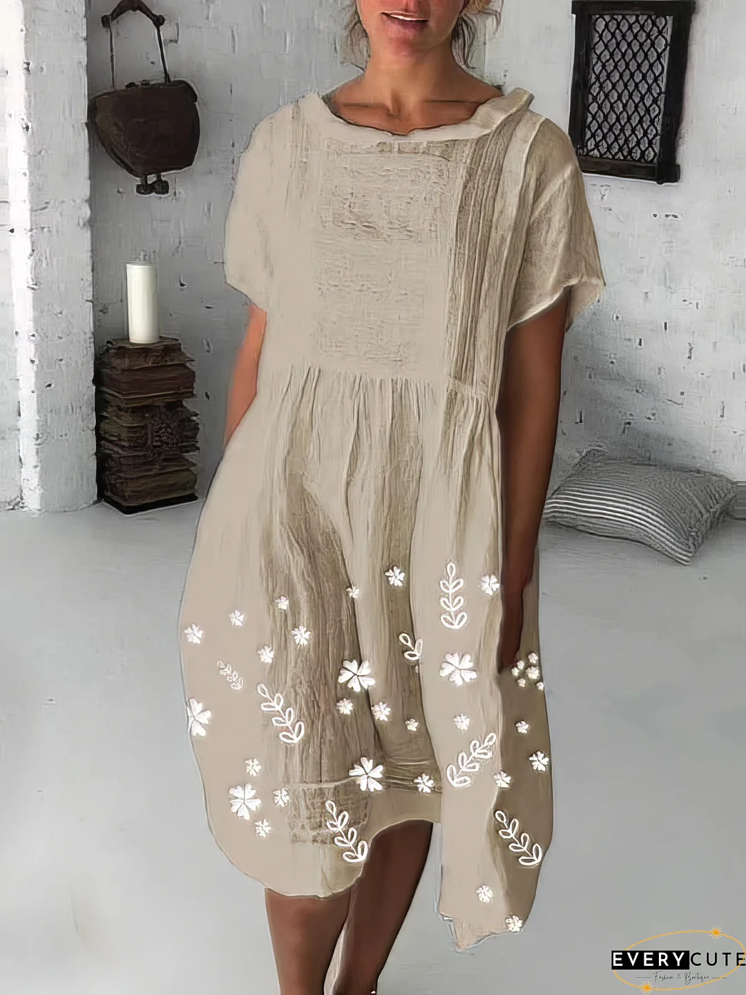 Casual Floral Round Neckline Knee-length Nap Dress