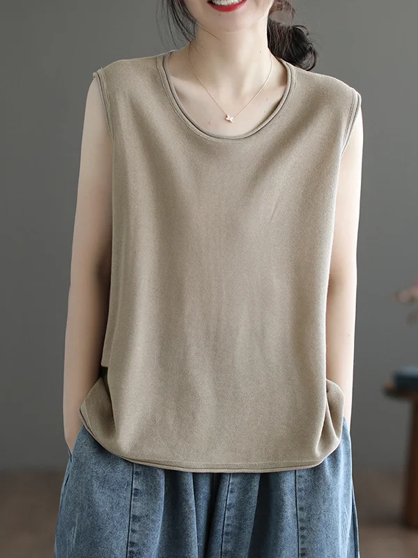Solid Color Sleeveless Loose Round-neck Knitting Vest Top