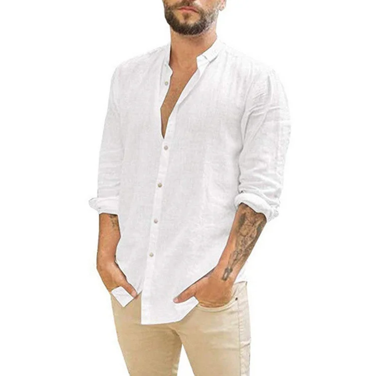 LINEN CARDIGAN SOLID COLOR CASUAL STAND COLLAR LONG SLEEVE ONE BREASTED SHIRT