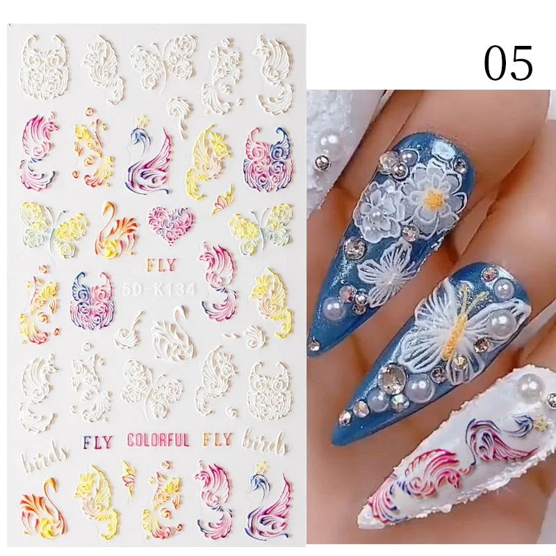 1PC French 5D Nail Sticker Embossed Flower Bubble Pattern Self-Adhesive Slider Wedding Design Nails Decals Nail Art Decoration-Nail Inspo