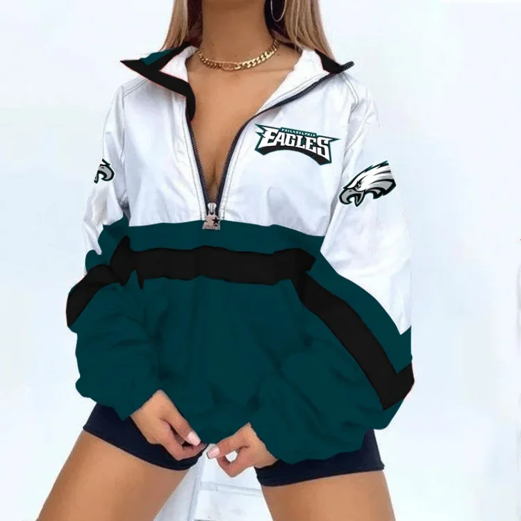  Women's Support Philadelphia  Football Print V Neck Zipper Sweatshirt Jacket 