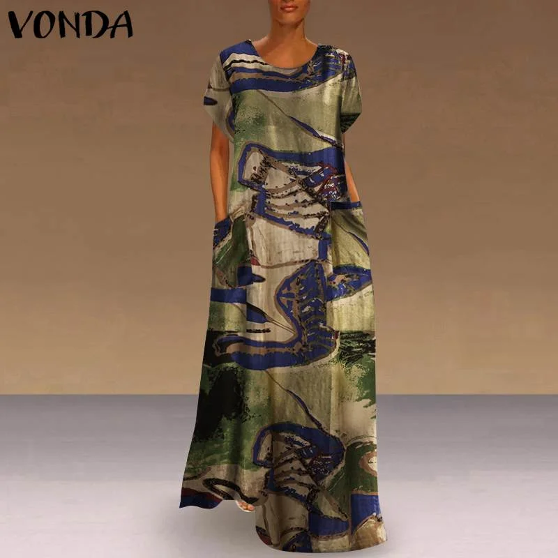 Women Dress Vintage Printed Dress Short Sleeve Robe VONDA Female Casual Bohemian Summer Beach Sundress