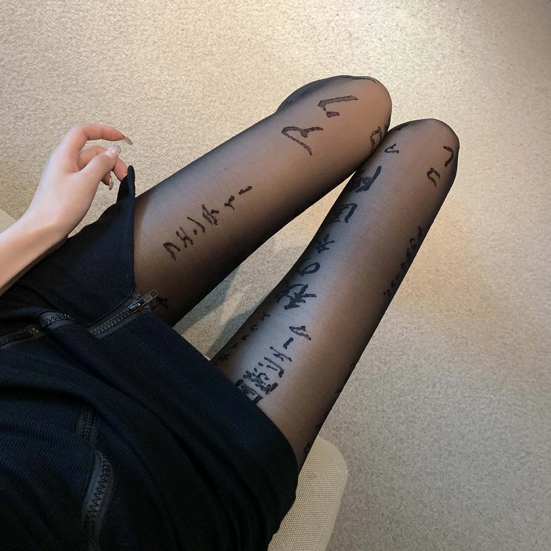 Jangj Japanese Letter Stockings Women Anime Accessories Kawaii Tights Mesh Fishnets Tattoo Pantyhose Tights Grunge Emo Y2K Stockings