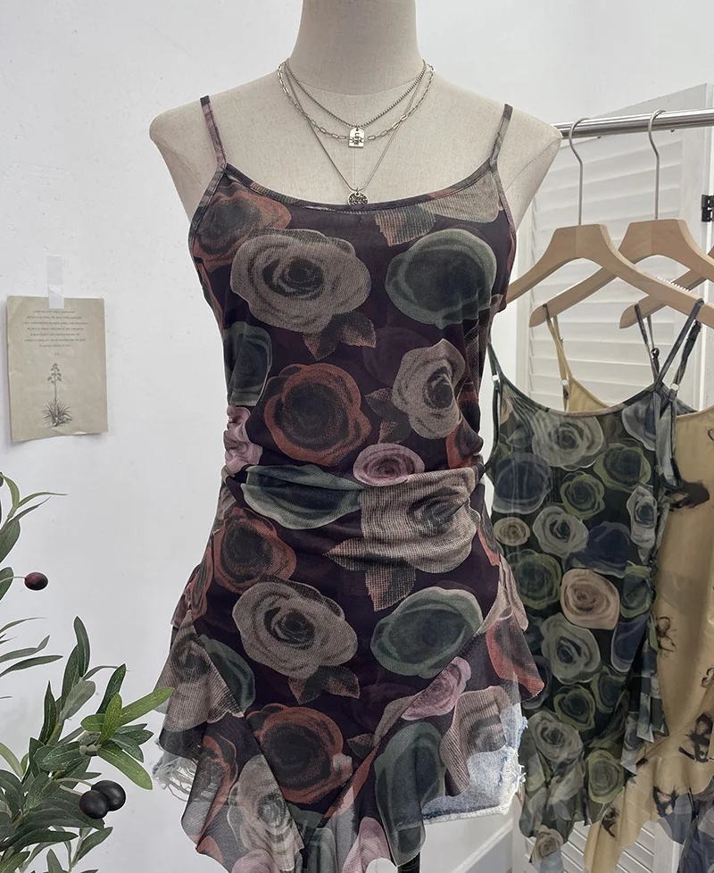 Uveng 辣bab Net Yarn Print Small Sling Vest Tidly Tidly Ribbon Ribbon Leaves Edge Sleeveless Top 9970