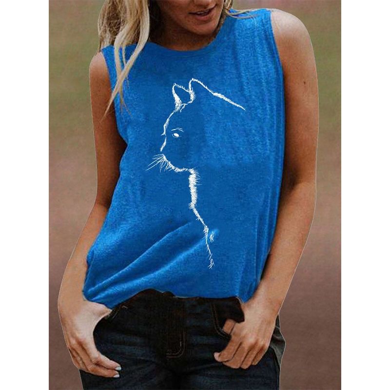 Summer Fashion Round Neck Cat Head Print Vest Women's Clothing