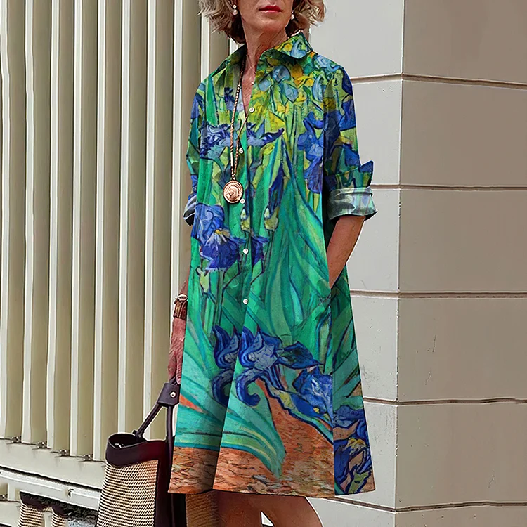 Floral Print Lapel Collar Shirt Midi Dress