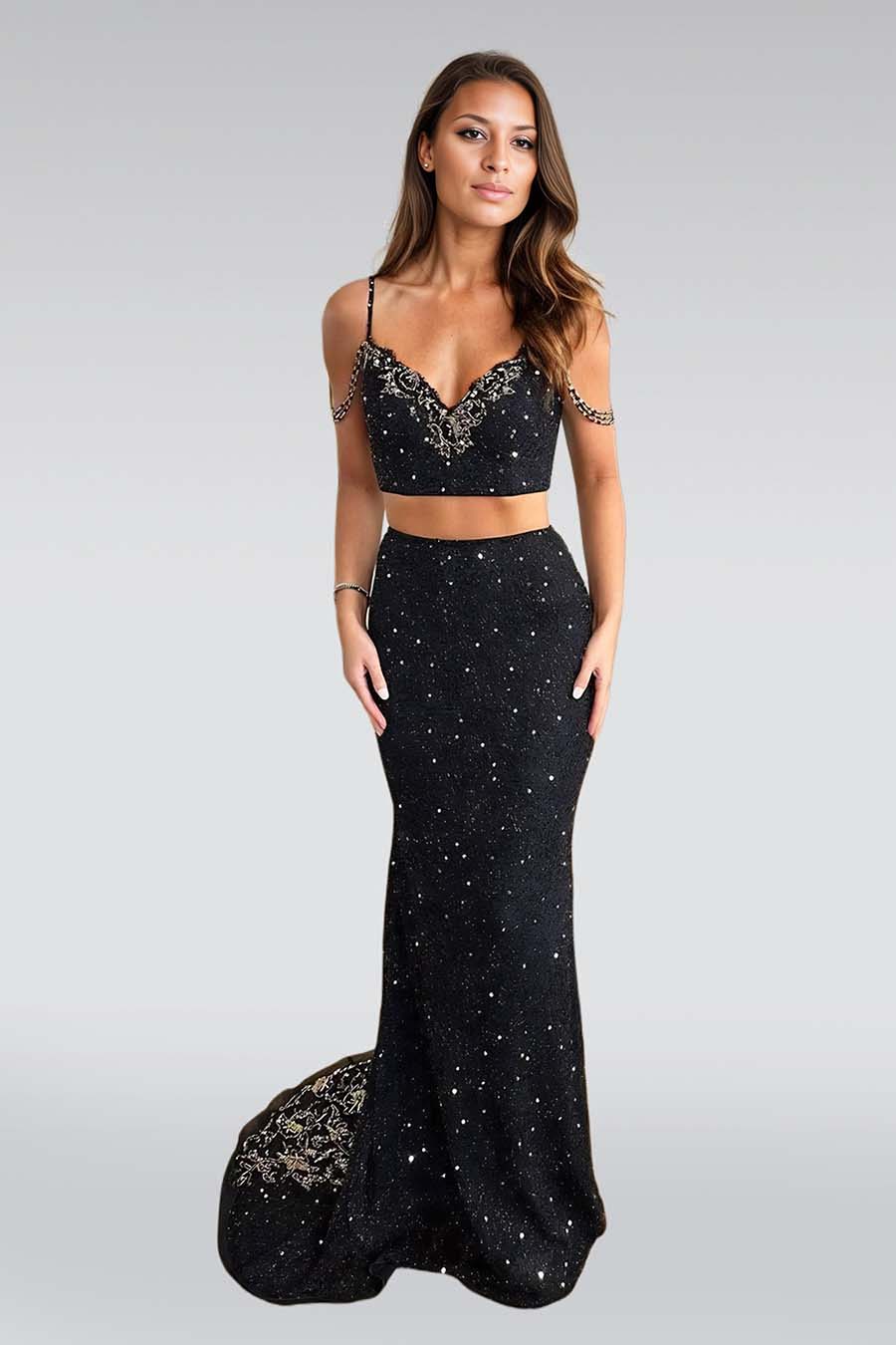  Prom Dress Black Spaghetti Strap Long Mermaid Beads Two Pieces YL0119