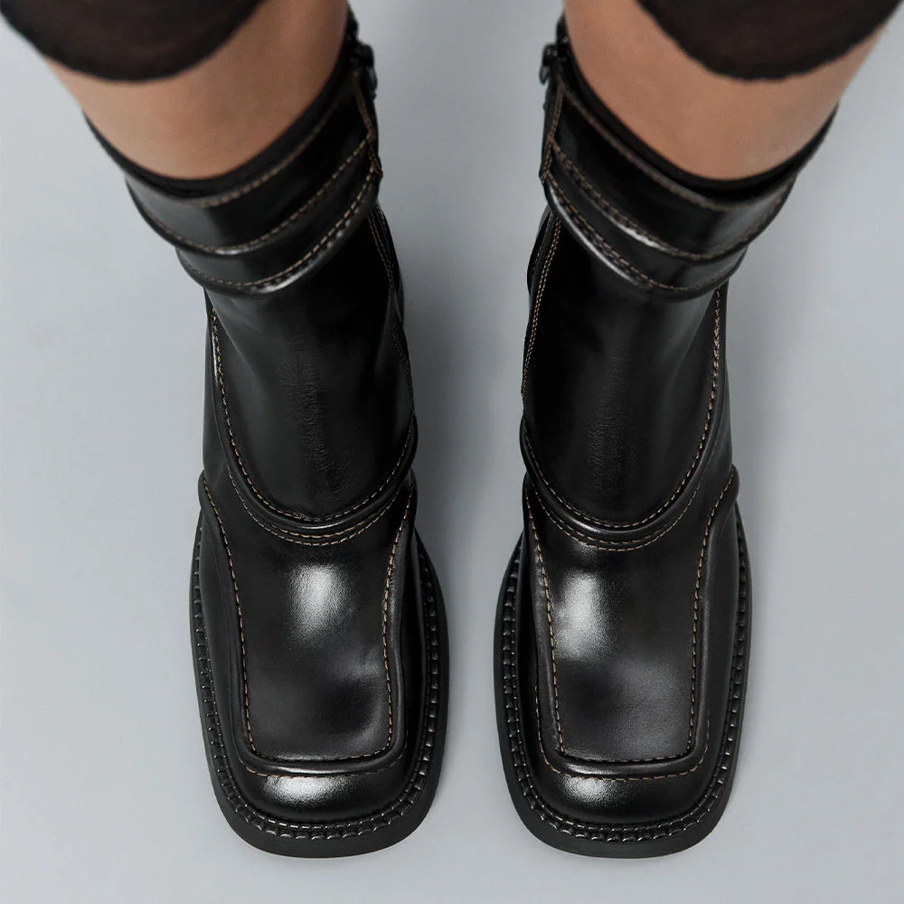 Black Vegan Leather Square Toe Mid Calf Boots with Chunky Heel