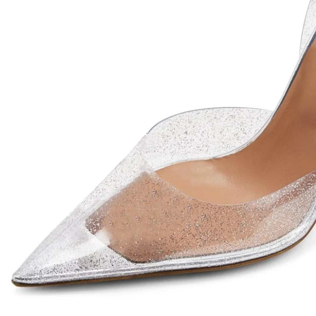Silver Glittery Clear Pointed Slingback Flared Heel Bridal Pumps