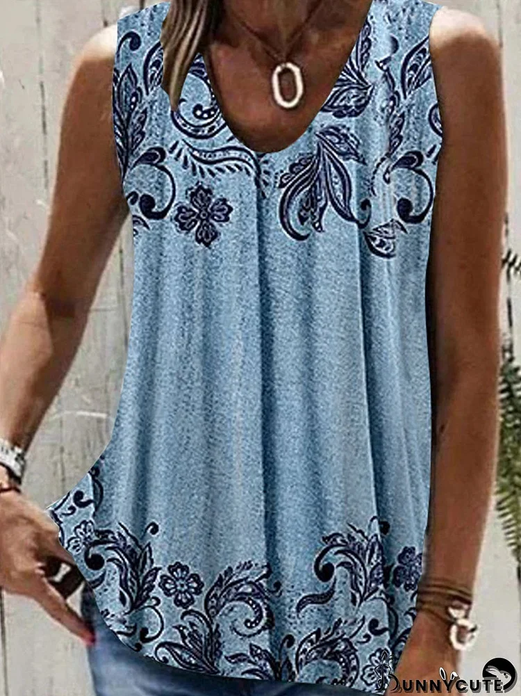 Women's Blue V-neck Sleeveless Graphic Top