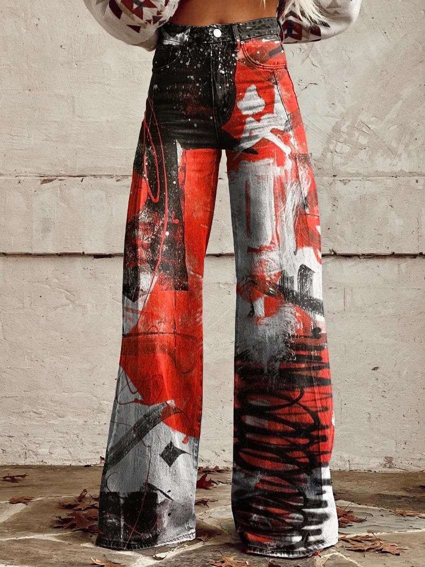 Women's Chaotic Red and Black Print Casual Wide Leg Pants