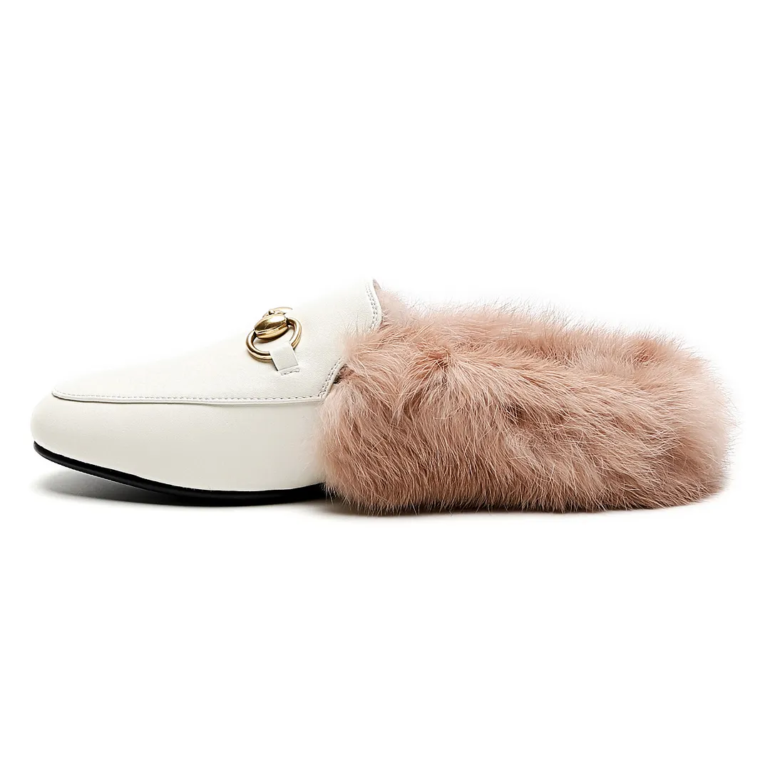 White Rabbit Fur Flats Mules Shoes-vocosishoes