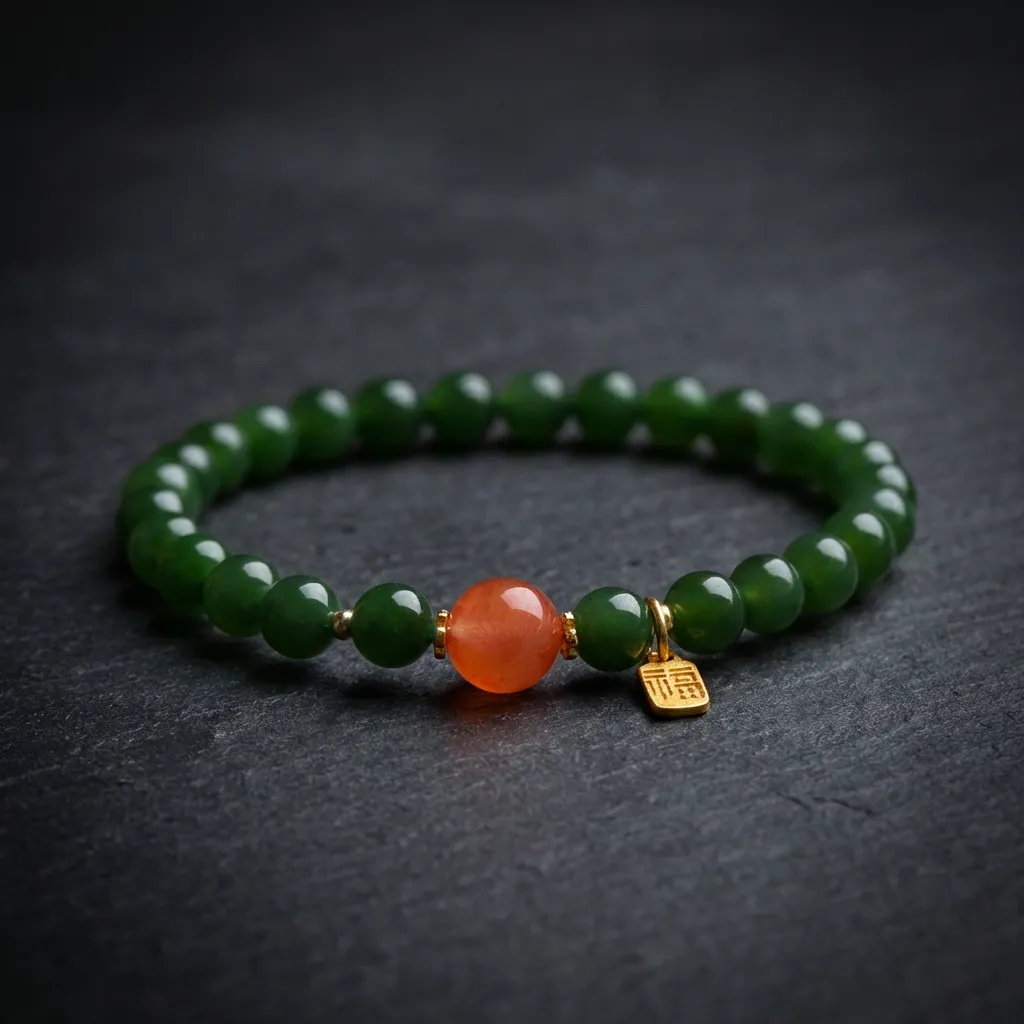 The Serenity Bracelet | Natural Hetian Jade & Southern Red Agate Style A: The 'Fu' Blessing Edition (6mm Beads)