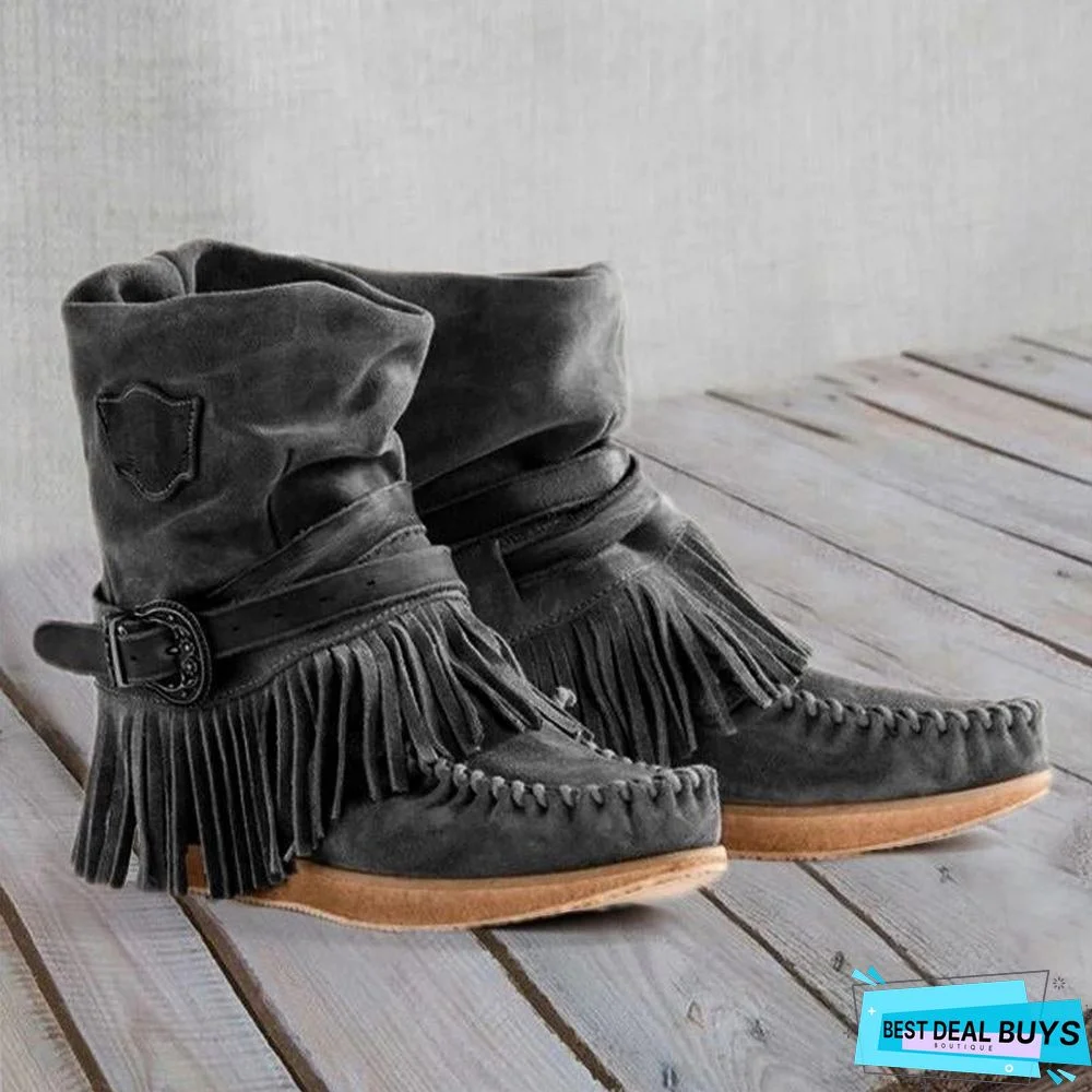 Women's Fringe Round Toe Retro Boots