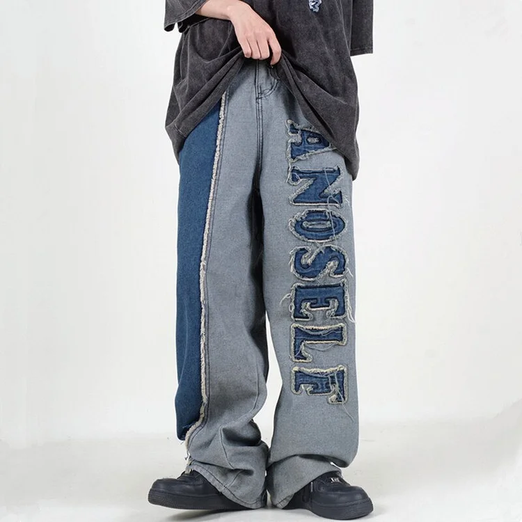 Patch Letter Embroidery Baggy Jeans Y2K Pants Straight Loose Wide Leg Denim Trousers at Hiphopee