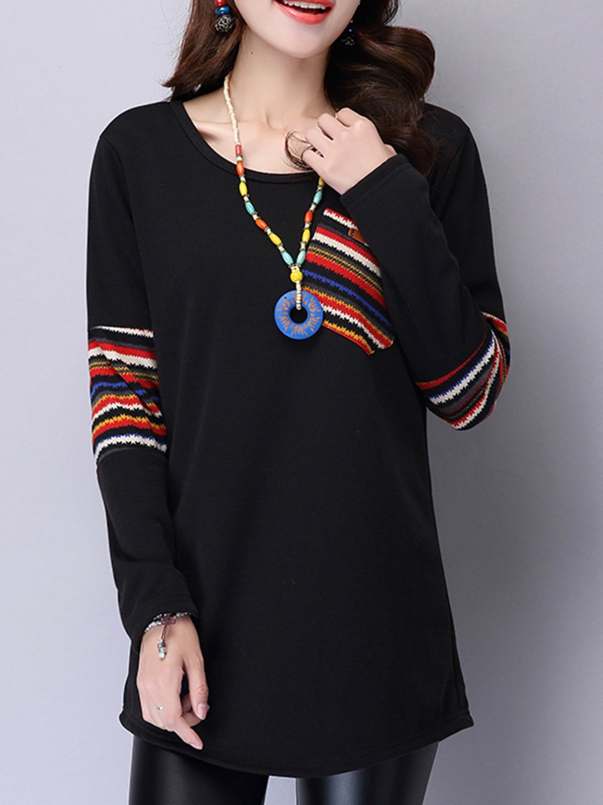 Black Long Sleeve Crew Neck Casual Top