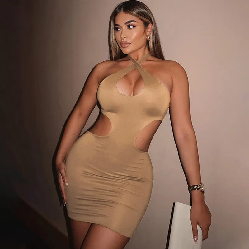 wsevypo Women's Cross Halter Cutout Wrap Dress Sexy Summer Club Party Cocktail Dress Sleeveless Backless Bodycon Mini Dress 2022