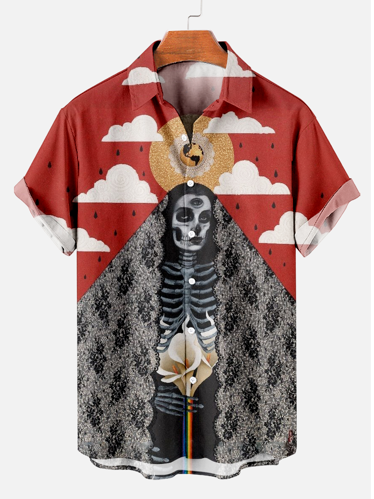 Men's Day of the Dead short-sleeved printed shirt with a lady holding flowers PLUSCLOTHESMAN