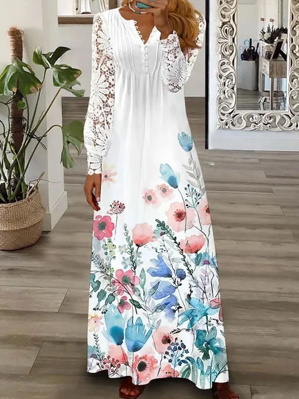 Elegant Casual Loose Half Open Collar Lace Floral Dress