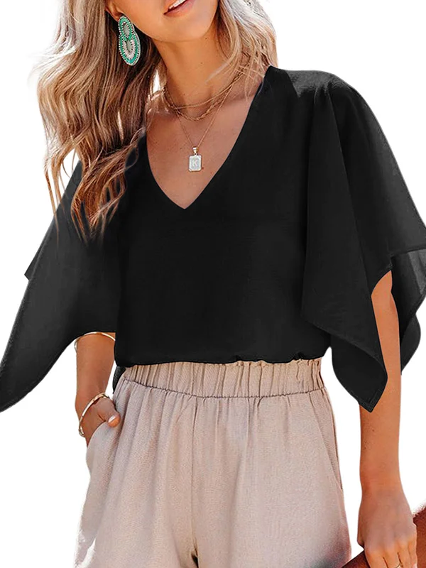 Solid Color Falbala Flared Sleeves V-Neck T-Shirts Tops