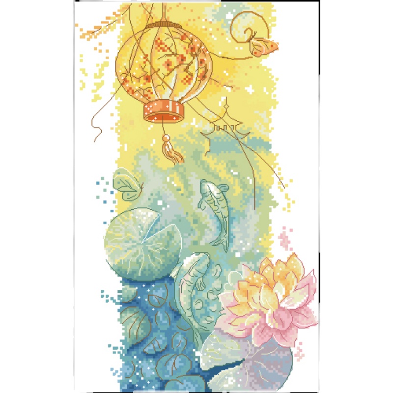 【Xiaobai Brand】New Year Picture Of Koi Playing With Lotus Lantern Full 14CT Pre-stamped Canvas(29*40cm) 41 Colors Cross Stitch