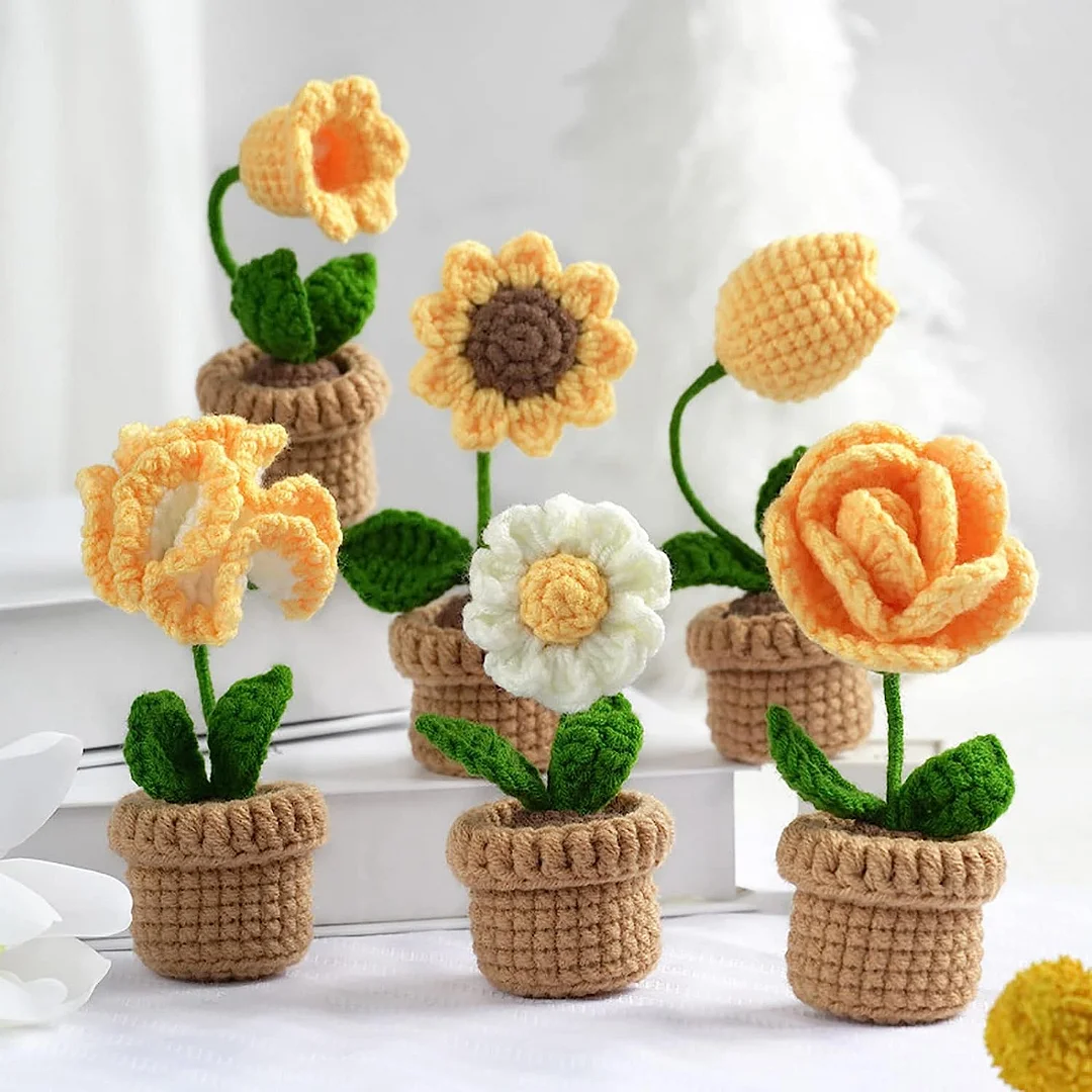 Mewaii Kawaii Crochet Starter Kits Yellow Flowers and Plants Crochet Starter Kit with Easy Peasy Yarn-6pcs For Beginner