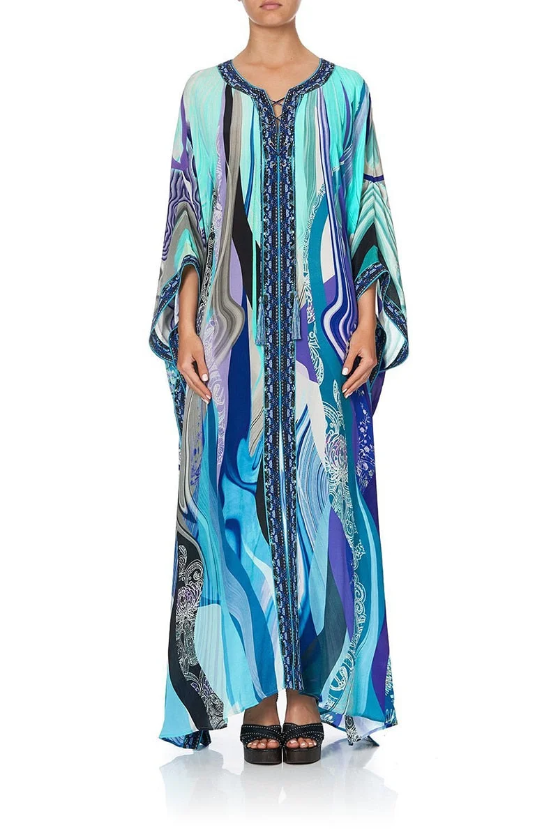 Fitshinling Print Split Straight Kaftan Beach Long Dress Women Bohemian Lace Up Overized Robe Blue Loose Pareos Maxi Dresses New
