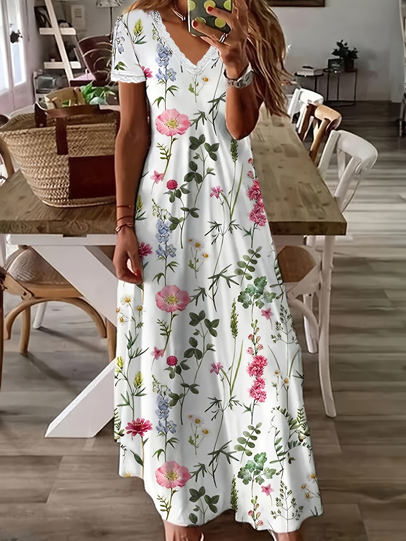 Lightweight Breathable Floral Print Women's A-Line Dress | V-Neck Casual Summer Dress With Lace Trim - Machine Washable For Vacation, Brunch & Beach Outing | IFYHOME