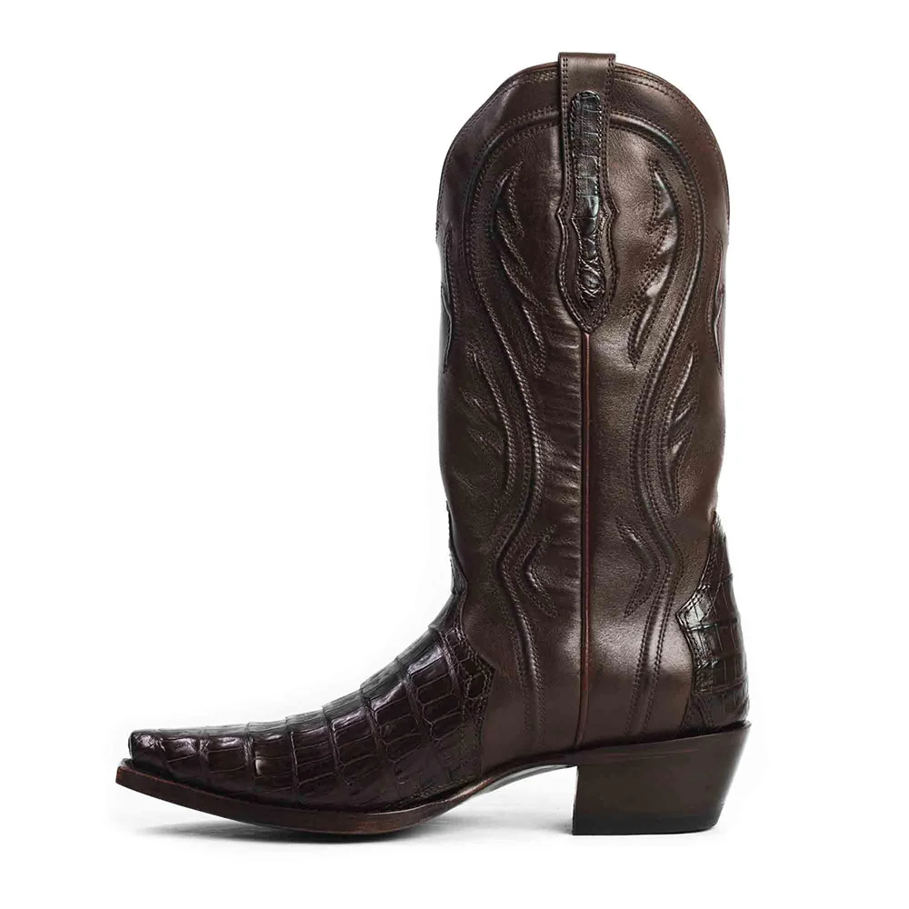 Chic Brown Snip Toe Chunky Heel Croc Embossed Western Boots for Women